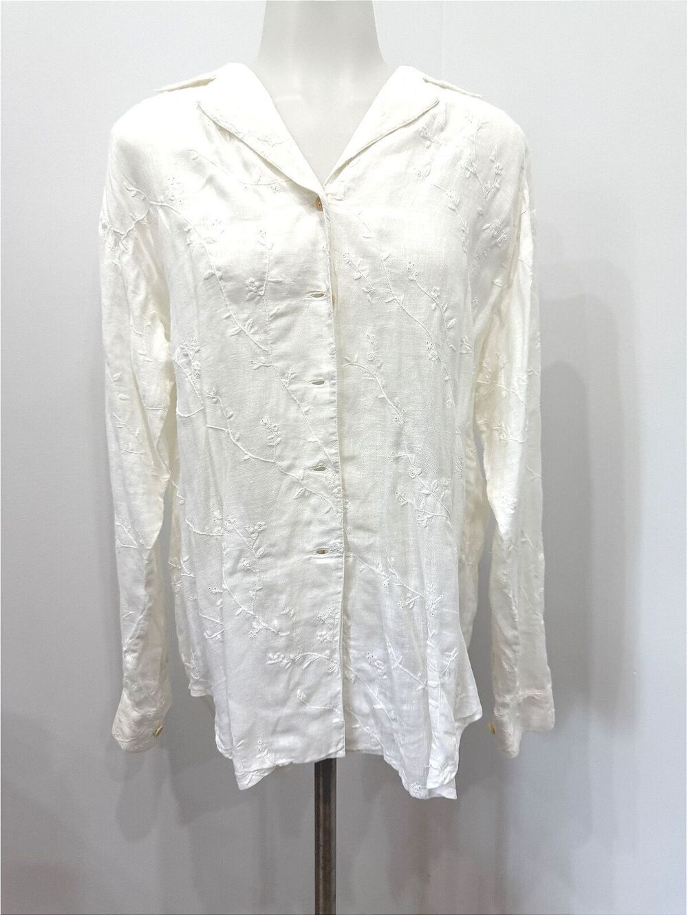 Emanuel Ungaro Liberte Small White Embroidered Long Sleeve Button-Up Blouse